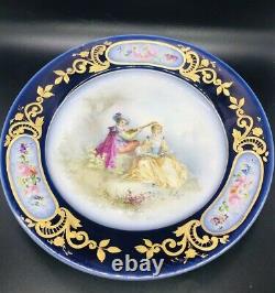 Antique Sevres Porcelain Cobalt Blue Porcelain Plate Couple Gold Trim Signed