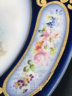 Antique Sevres Porcelain Cobalt Blue Porcelain Plate Couple Gold Trim Signed