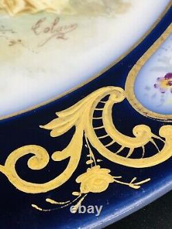 Antique Sevres Porcelain Cobalt Blue Porcelain Plate Couple Gold Trim Signed