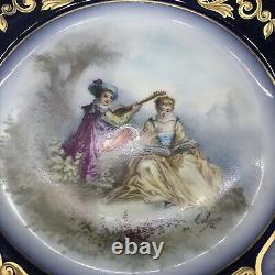 Antique Sevres Porcelain Cobalt Blue Porcelain Plate Couple Gold Trim Signed