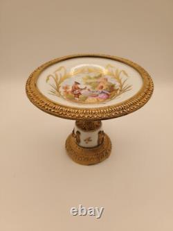 Antique Sevres Style Courting Couple Gilt Bronze Compote SignedFrance