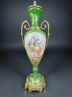 Antique Sevres Style Courting Couple Green Porcelain Urn signed Lamp Base as is