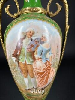 Antique Sevres Style Courting Couple Green Porcelain Urn signed Lamp Base as is