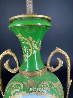 Antique Sevres Style Courting Couple Green Porcelain Urn signed Lamp Base as is