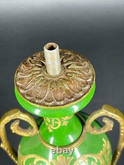 Antique Sevres Style Courting Couple Green Porcelain Urn signed Lamp Base as is