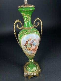 Antique Sevres Style Courting Couple Green Porcelain Urn signed Lamp Base as is