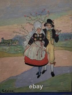 Antique Signe Palmblad Painting Board Impressionism Skane Sweden Couple Costumes