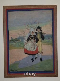 Antique Signe Palmblad Painting Board Impressionism Skane Sweden Couple Costumes