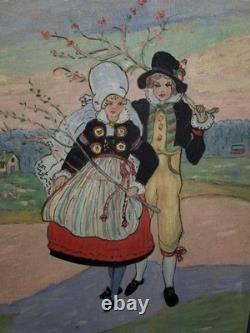 Antique Signe Palmblad Painting Board Impressionism Skane Sweden Couple Costumes