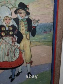 Antique Signe Palmblad Painting Board Impressionism Skane Sweden Couple Costumes