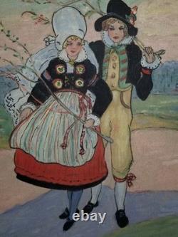 Antique Signe Palmblad Painting Board Impressionism Skane Sweden Couple Costumes
