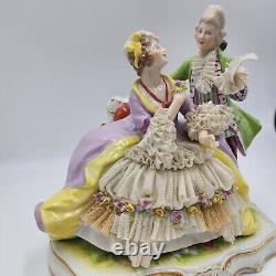 Antique Signed CARL THIEME Dresden Lace Potschappel Figurine Rococo Couple