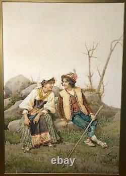 Antique Signed Filippo Indoni Italian Courting Couple Scene Watercolor Painting