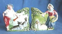 Antique Signed HK Majolica Shepherd Sheep Goats Austria Pottery Spill Vases Pair