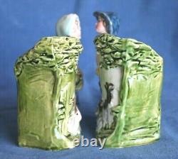 Antique Signed HK Majolica Shepherd Sheep Goats Austria Pottery Spill Vases Pair