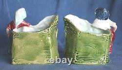 Antique Signed HK Majolica Shepherd Sheep Goats Austria Pottery Spill Vases Pair