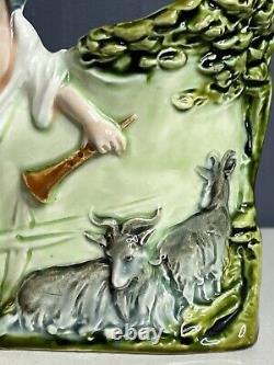 Antique Signed HK Majolica Shepherd Sheep Goats Austria Pottery Spill Vases Pair