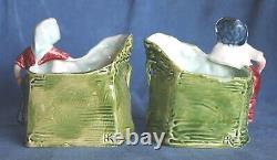 Antique Signed HK Pair Majolica Shepherd Sheep Goats Austria Pottery Spill Vases