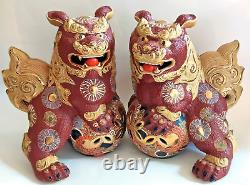 Antique Signed Kutani Temple Lions Shishi Foo Dog Pair 8 Tall Japan