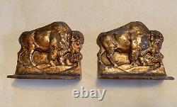 Antique Signed Pair Buffalo / Bison Bookends, Original Bronze Patina DAL
