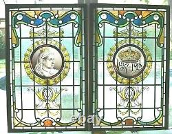 Antique Signed Pair SWAINE BOURNE QUEEN VICTORIA 1901 Stained Glass Jewel Window