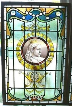 Antique Signed Pair SWAINE BOURNE QUEEN VICTORIA 1901 Stained Glass Jewel Window