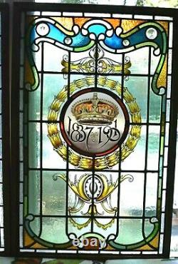 Antique Signed Pair SWAINE BOURNE QUEEN VICTORIA 1901 Stained Glass Jewel Window