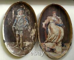 Antique Signed Pair of Hand painted Oval oil painting wall hangings of Couple