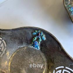 Antique Signed Solid Silver Pair Of Chinese Pierced Dishes Enamel Frogs A/F