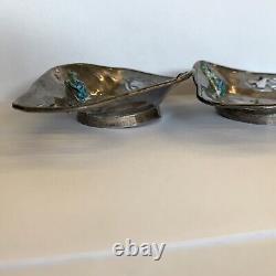 Antique Signed Solid Silver Pair Of Chinese Pierced Dishes Enamel Frogs A/F