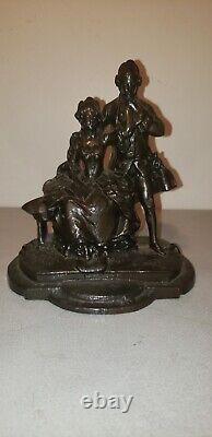 Antique Spelter Victorian Couple SCULPTURE signed Schula