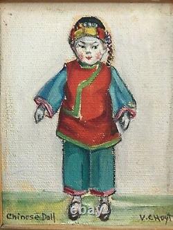 Antique Still Life China Doll Paintings pair Signed V C Hoyt b. 1880 Framed
