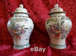 Antique Style Pair Porcelain Chinese Famille Verte Vases Ginger Jars Signed
