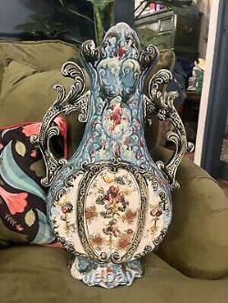 Antique Victorian Majolica Vases Matched Pair Ornate Collectors Signed Rare