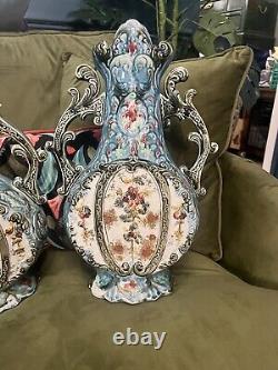 Antique Victorian Majolica Vases Matched Pair Ornate Collectors Signed Rare