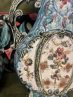 Antique Victorian Majolica Vases Matched Pair Ornate Collectors Signed Rare