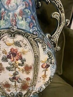 Antique Victorian Majolica Vases Matched Pair Ornate Collectors Signed Rare