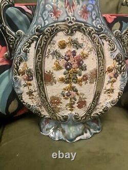 Antique Victorian Majolica Vases Matched Pair Ornate Collectors Signed Rare