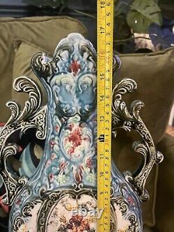 Antique Victorian Majolica Vases Matched Pair Ornate Collectors Signed Rare