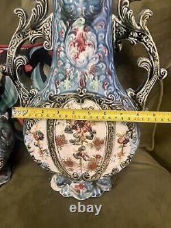 Antique Victorian Majolica Vases Matched Pair Ornate Collectors Signed Rare