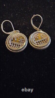 Antique Victorian Repousse Button Signed Sterling Silve Earring Pair