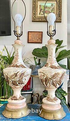 Antique Victorian Style Hand Painted Pair of Tall Enchanting Table Lamps SIGNED