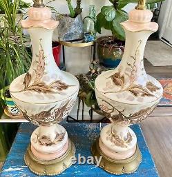 Antique Victorian Style Hand Painted Pair of Tall Enchanting Table Lamps SIGNED