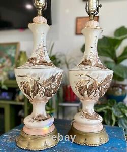 Antique Victorian Style Hand Painted Pair of Tall Enchanting Table Lamps SIGNED