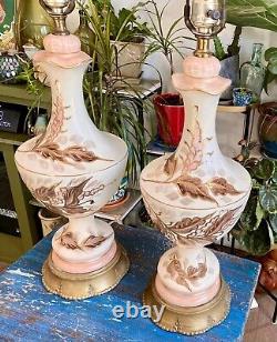 Antique Victorian Style Hand Painted Pair of Tall Enchanting Table Lamps SIGNED