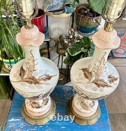 Antique Victorian Style Hand Painted Pair of Tall Enchanting Table Lamps SIGNED