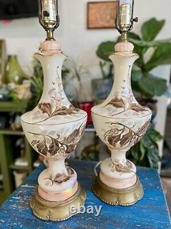 Antique Victorian Style Hand Painted Pair of Tall Enchanting Table Lamps SIGNED