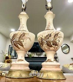 Antique Victorian Style Hand Painted Pair of Tall Enchanting Table Lamps SIGNED