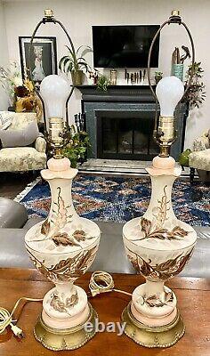 Antique Victorian Style Hand Painted Pair of Tall Enchanting Table Lamps SIGNED