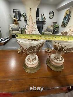 Antique Victorian Style Hand Painted Pair of Tall Enchanting Table Lamps SIGNED